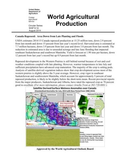 World Agricultural Production: Canada Rapeseed: Area Down from Late Planting and Floods
